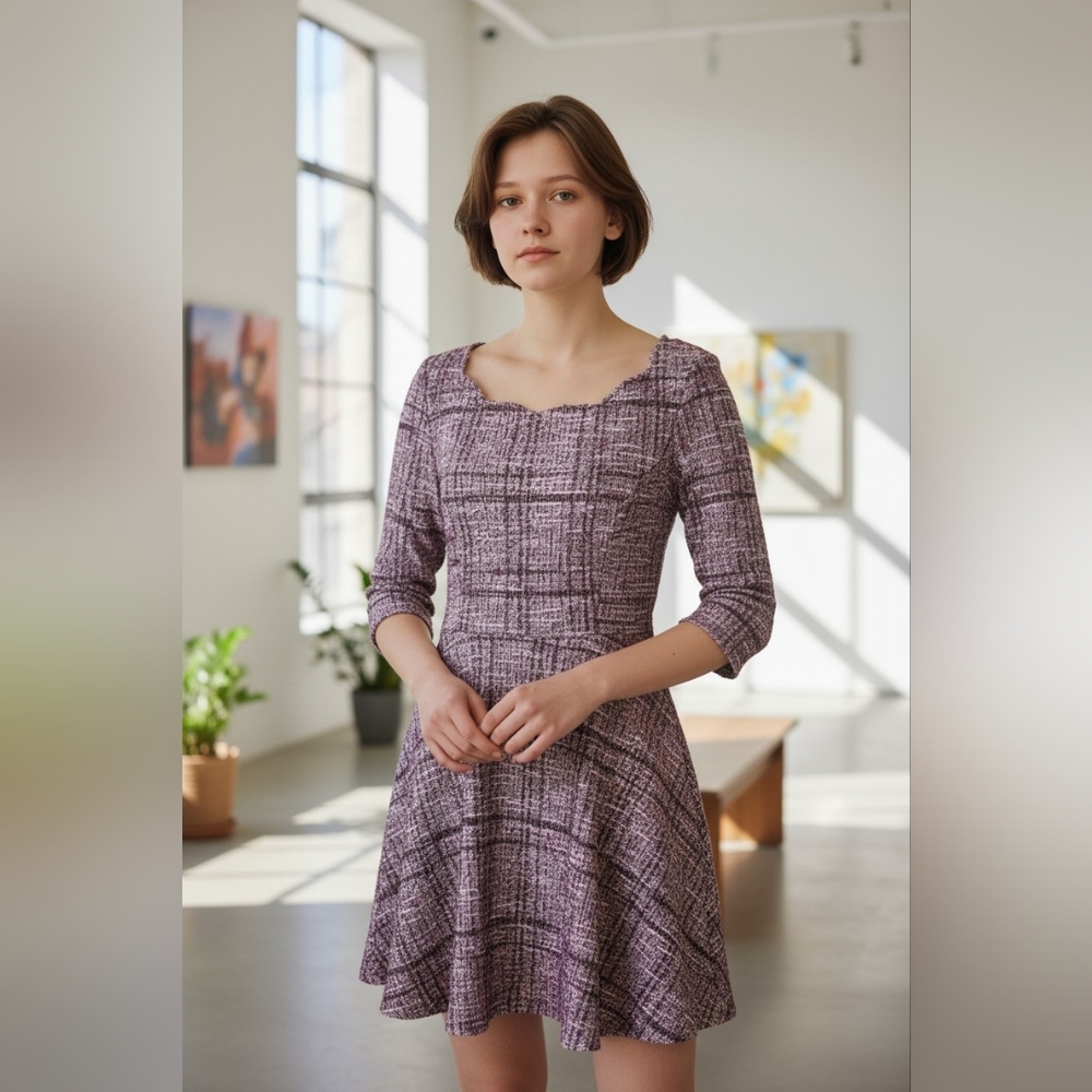 Xtraordinary Skater Dress Scallop Neckline Knit Plaid Mini Fall Style Flare Chic